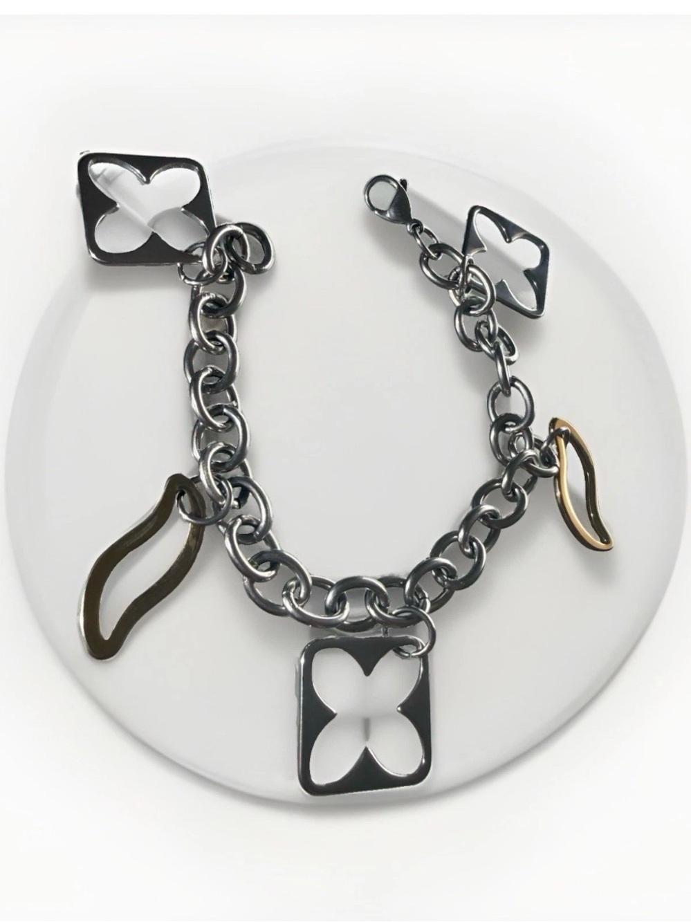Stainless Steel Cable Chain Dangle Flower Charm and gold tones Bracelet 7 in
